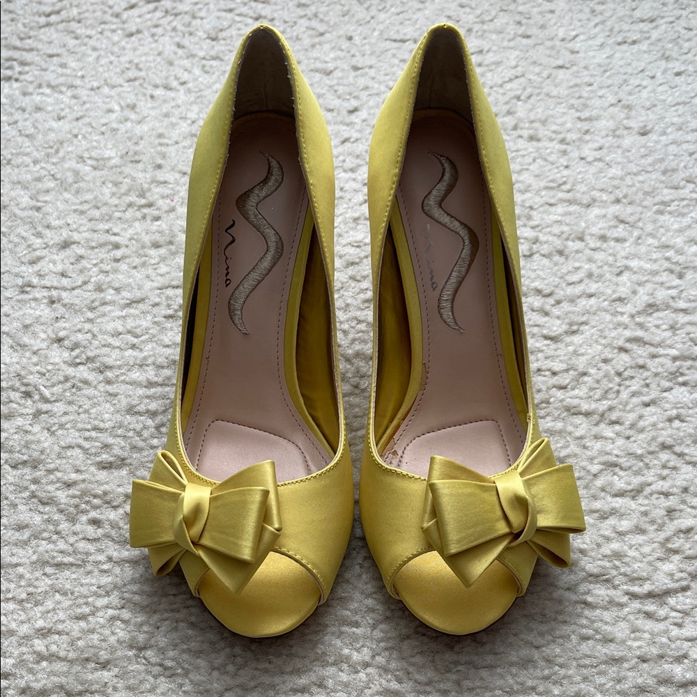 Nina Yellow Peep-Toe Bow Pumps